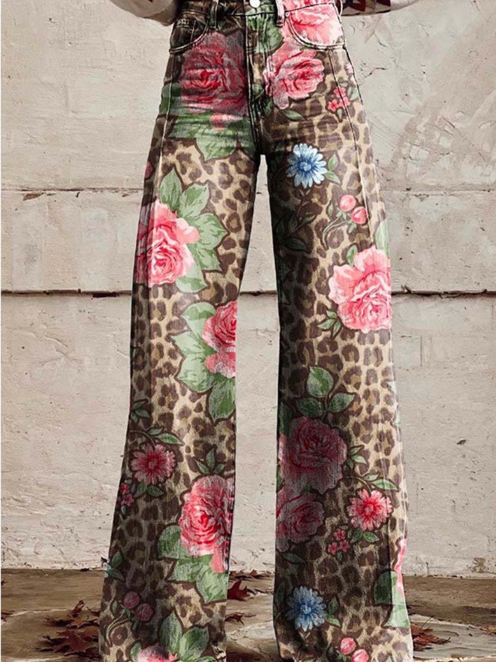 Wide-Leg Floral & Leopard Print Pants - Pink Floral